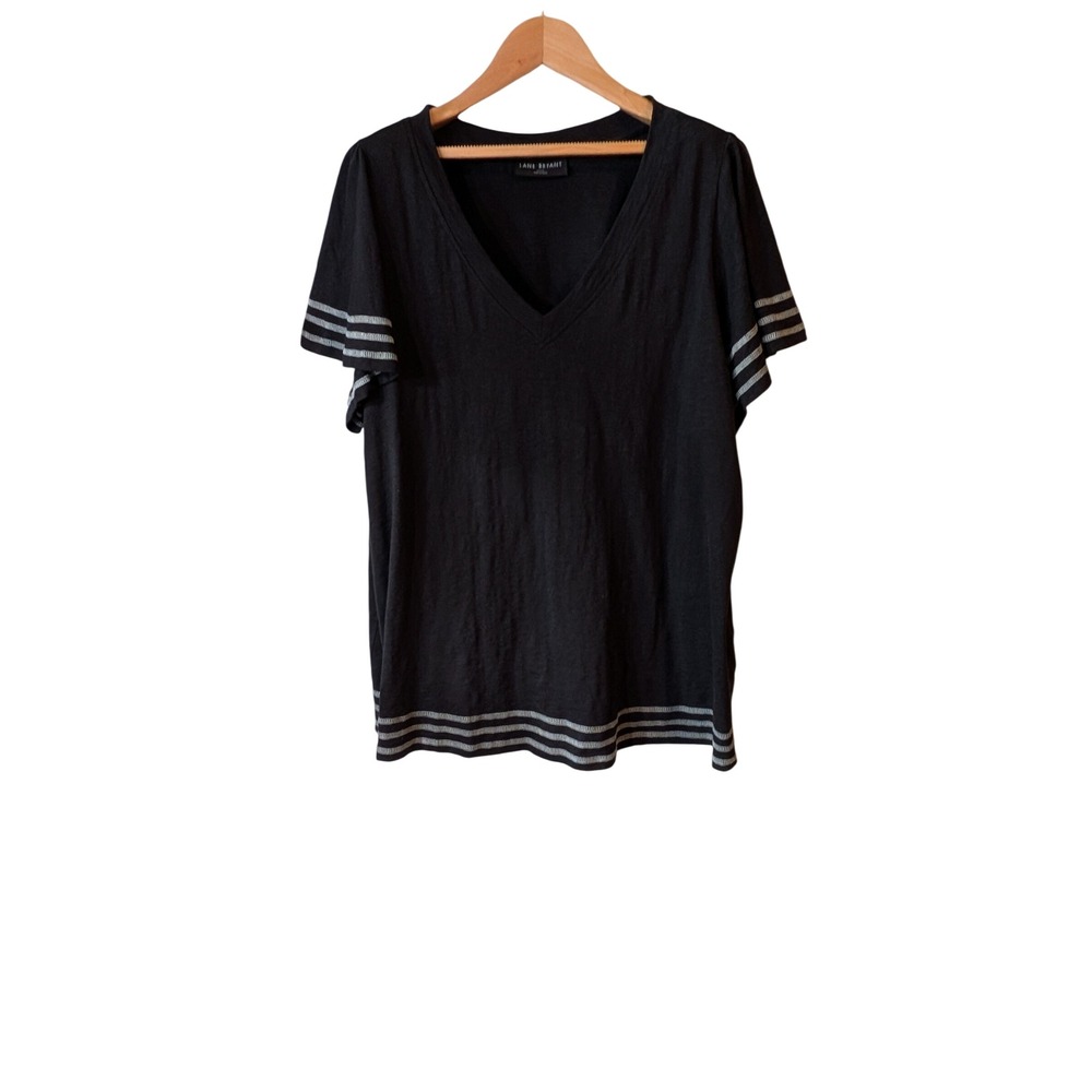 Lane Bryant Black Cotton V-Neck Top White Stripe Trim Plus Size 22/24